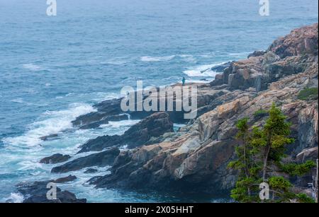 Tween Boy tenant un bâton, debout sur la rive rocheuse, surplombant les vagues de l'océan. Otter Cliff, Acadia National Park, Mount Desert Island, Maine, États-Unis. Banque D'Images