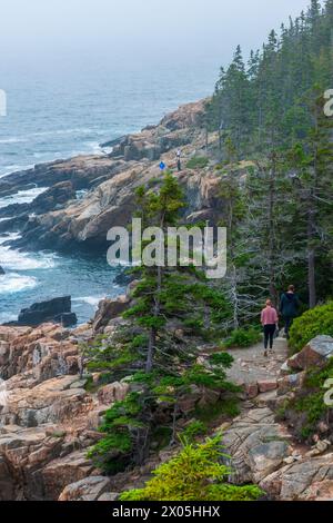 Les gens marchent sur le sentier océanique le long de la rive rocheuse à Otter Cliff, Acadia National Park, Maine, États-Unis, profitant du paysage côtier et de la vue sur l'océan. Banque D'Images