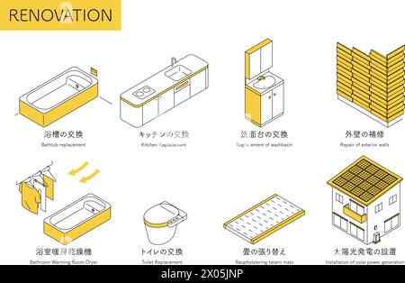 Illustration isométrique simple de remodelage de la maison, bain de système, cuisine de système, production d'énergie solaire, etc., illustration vectorielle Illustration de Vecteur