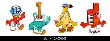 Personnage de musique rétro du vecteur de dessin animé des années 90. élément de design comique disco vintage des années 80. Microphone karaoké, guitare groovy et instrument de saxophone collection nostalgie pour événement rock dans le pub Illustration de Vecteur