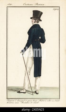 French Dandy en chapeau haut de gamme fourrure avec large bord, blouse bleue, pantalon en coton, tenant une canne. Chapeau a demi-poil et ganse large, habit a collet en schall, boutons Unis, pantalon de coutil. Gravure sur cuivre colorée à la main d’après une plaque mode de Louis Marie Lante du Journal des Dames et des modes de Pierre de la Mesangère, Magazine of Women and Fashion, Paris, 1820. Banque D'Images