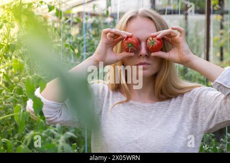 Portrait de femme blonde récoltant des tomates biologiques rouges mûres en serre et s'amusant. Concept d'aliments sains cultivés sur place. Vie rurale de Cottagecore Banque D'Images