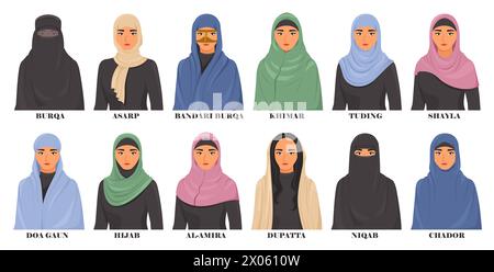 Hijabs féminins de différents types set illustration vectorielle Illustration de Vecteur