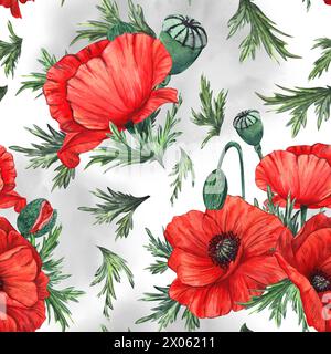 Motif sans couture avec des coquelicots rouges et des feuilles vertes sur un fond blanc avec gris. Illustration aquarelle. Pour tissus, textiles, papiers peints, impressions, Banque D'Images