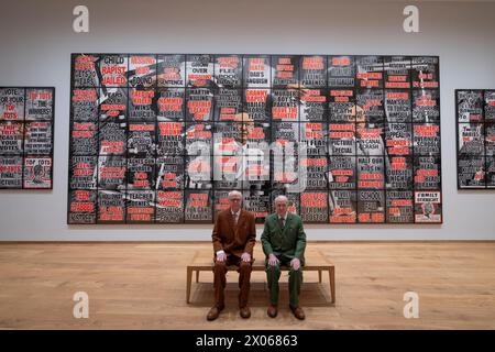 Gilbert & George Centre, Londres, Royaume-Uni. 10 avril 2024. L’exposition « London Pictures » s’ouvre au Gilbert & George Centre à partir du 12 avril pour une durée de 2024. Présentés pour coïncider avec le premier anniversaire du Gilbert & George Centre dans la capitale britannique, les « LONDON PICTURES » comprennent un répertoire du comportement humain urbain quotidien et un portrait moral de notre époque. Le plus grand groupe d'images créées par Gilbert & George, elles comprennent 292 images dont le sujet est tiré de 3 712 affiches de journaux volées par les artistes pendant un certain nombre d'années. Crédit : Malcolm Park/Alam Banque D'Images