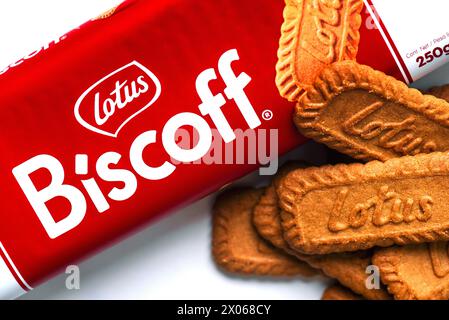 Gros plan sur le paquet de biscuits belges Biscoff de marque Lotus avec des biscuits en vrac. Éditorial illustratif Banque D'Images