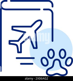 Passeport avec avion et symbole de patte. Documents de voyage internationaux pour animaux de compagnie. Icône de contour pixel Perfect, modifiable Illustration de Vecteur