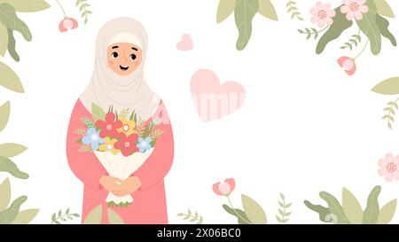 Femme musulmane mignonne en hijab avec fleur de bouquet. Caractère ethnique féminin islamique sur fond floral. Affiche de vacances avec espace vide pour le texte Illustration de Vecteur