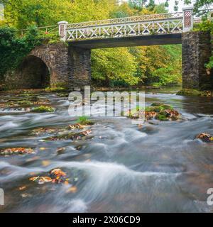 River Barle coulant sur les rochers devant Marsh Bridge près de Dulverton dans le parc national Exmoor, Somerset, Angleterre, Royaume-Uni. Banque D'Images