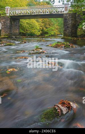 River Barle coulant sur les rochers devant Marsh Bridge près de Dulverton dans le parc national Exmoor, Somerset, Angleterre, Royaume-Uni. Banque D'Images