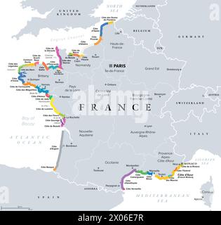 Côtes et plages de France, carte politique. Noms couramment utilisés et populaires des tronçons les plus importants dans le tourisme, montrés en différentes couleurs. Banque D'Images