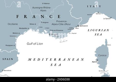 Côte sud de la France, carte politique grise. Partie la plus méridionale de la France, bordant la mer Méditerranée. Banque D'Images