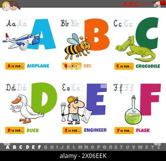 Illustration de dessins animés de lettres majuscules de l'alphabet ensemble éducatif pour Pratique de lecture et d'écriture pour les enfants de A à F. Illustration de Vecteur