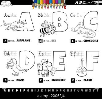 Dessin animé noir et blanc représentant des lettres majuscules de l'alphabet kit éducatif pour la pratique de la lecture et de l'écriture pour les enfants de Couleur a à F Illustration de Vecteur