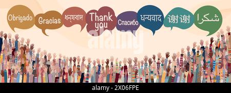 Banner with many raised hands multicultural people from different nations and continents.Speech bubbles with text -Thank you- in various languages Illustration de Vecteur
