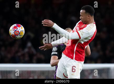 Londres, Royaume-Uni. 09th Apr, 2024. Football : Ligue des Champions, FC Arsenal - Bayern Munich, éliminatoires, quart de finale, première manche à l'Emirates Stadium. Gabriel de Londres en action. Crédit : Sven Hoppe/dpa/Alamy Live News Banque D'Images