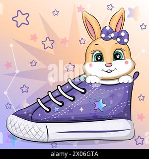 Un lapin de dessin animé mignon avec une sneaker. Illustration vectorielle d'un animal sur un fond coloré avec des étoiles. Illustration de Vecteur