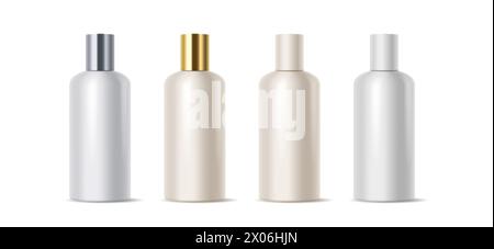 Bouteilles de produits cosmétiques Mockup avec bouchons en plastique ensemble d'illustration vectorielle réaliste. Cosmétiques paquets objets 3d sur fond blanc Illustration de Vecteur