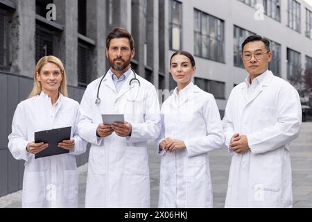 Portrait d'un jeune groupe interracial de personnes, hommes et femmes médecins et scientifiques, debout à l'extérieur d'un bâtiment en manteaux blancs, tenant une tablette et des documents, regardant sérieusement la caméra. Banque D'Images