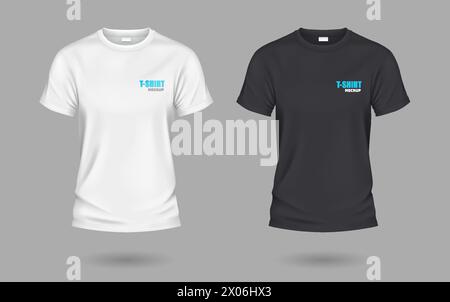 T-shirts noirs et blancs avec espace de copie ensemble d'illustration vectorielle réaliste. Vêtements décontractés avec maquette d'impression d'objets 3D sur fond gris Illustration de Vecteur