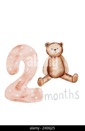 Carte d'anniversaire pour bébé aquarelle. Illustration avec ours en peluche et numéro 2. Dessin de main métrique mignon avec mois de naissance. Clip art isolé sur blanc Banque D'Images