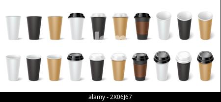 Tasses à café en carton 3d ensemble d'illustration vectorielle réaliste. Conception de tasses à élimination de boissons chaudes. Récipients de café à emporter sur fond transparent Illustration de Vecteur