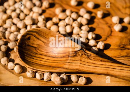 Haricot garbanzo bush, pois chiches (Cicer arietinum), pois chiches avec cuillère en bois Banque D'Images