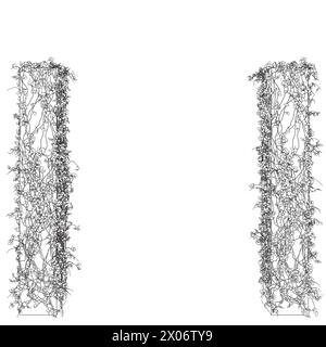 Contour de colonnes entrelacées de plantes avec des feuilles faites de lignes noires isolées sur un fond blanc. 3D.. Illustration vectorielle. Illustration de Vecteur