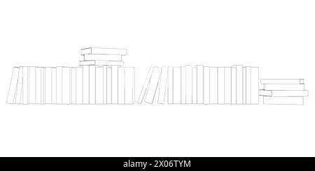 Aperçu de nombreux livres debout dans une rangée. Conception minimaliste d'illustration vectorielle de pile de livres sur fond blanc. Ligne simple isolée graphique moderne St Illustration de Vecteur