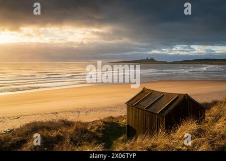 Une lumière dorée féroce met en évidence une cabane de plage sur Embleton Bay au lever du soleil, avec les ruines du château de Dunstanburgh en évidence à l'horizon. Banque D'Images