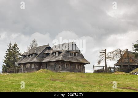 Une vieille maison en bois sur une prairie verte en Slovaquie centrale, Europe. Banque D'Images