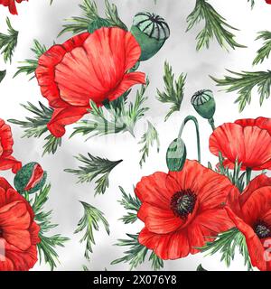 Motif sans couture avec des coquelicots rouges et des feuilles vertes sur un fond blanc avec gris. Illustration aquarelle. Pour tissus, textiles, papiers peints, impressions, Banque D'Images