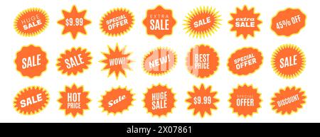 Starbursts jaunes et badges promotionnels ensemble. Autocollants de prix ronds orange, étiquettes promotionnelles Sunburst, emblèmes de réduction rétro. Vente STAR offre spéciale timbres, étiquettes publicitaires isolées sur fond blanc Illustration de Vecteur