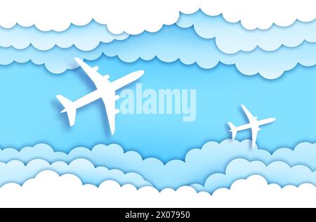 Plans découpés en papier dans les nuages du ciel, vue de dessus. Avions volant dans la bannière vectorielle de ciel bleu avec des bordures en couches de papier 3d de nuages blancs ondulés. Voyage aérien, avion et concept d'aviation avec avions découpés Illustration de Vecteur