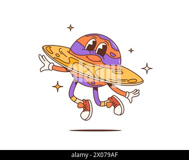 Personnage groovy de planète spatiale rétro de dessin animé. Vecteur isolé vibrant et funky personnage de la planète Saturne avec un anneau, un large sourire, des couleurs psychédéliques et des motifs tourbillonnants et hypnotiques, entourés d'étoiles Illustration de Vecteur