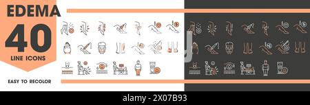 Icônes de ligne d'œdème de jambe pied et de la maladie de cheville symptômes de varices lymphatiques, symboles vectoriels. Pictogrammes médicaux de l'œdème et icônes de ligne du traitement, du diagnostic et de la prévention des maladies du lavement corporel Illustration de Vecteur