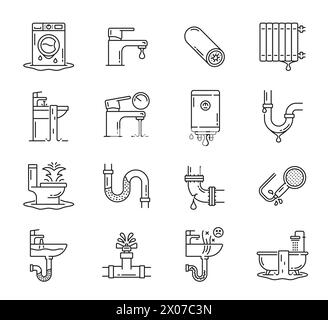 Icônes d'entretien de la plomberie. Outils de plombier, toilettes, tuyaux, drain, salle de bains et problèmes de douche vecteurs de lignes minces. Décrire la réparation des fuites de robinet ou robinet, évier, chaudière, égouts, conduites d'eau et baignoire Illustration de Vecteur