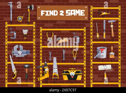 Trouvez deux mêmes personnages de bricolage de dessin animé et de réparation d'outils. Différence spotting enfants quiz, énigme ou trouver à la même feuille de calcul de vecteur de puzzle avec hache, spatule, étau, marteau et brosse, outils de forage personnages Illustration de Vecteur