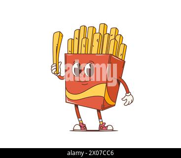 Caricature rétro frites de pomme de terre groovy personnage. Personnage de snack de restauration rapide savoureux vecteur isolé avec un large sourire et des yeux heureux respire des vibrations fraîches, funky et nostalgiques des années 60 ou 70 Illustration de Vecteur