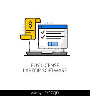 Acheter une licence icône de couleur de ligne de logiciel pour ordinateur portable, application de maintenance et de mise à jour. Signe linéaire vectoriel, avec ordinateur portable avec facture de paiement et écran d'information. Application, achat de programmes numériques Illustration de Vecteur