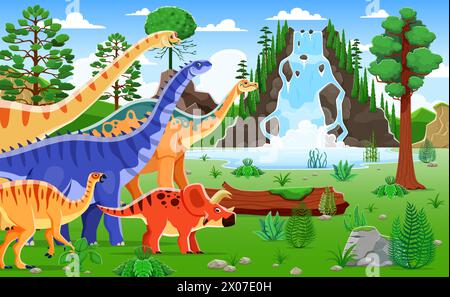 Les personnages de dinosaures de dessins animés parcourent un paysage préhistorique dynamique, luxuriant avec d'imposantes fougères et des cascades. Brachiosaurus ludique et tricératops au monde antique avec une végétation colorée Illustration de Vecteur