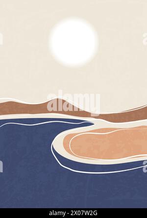 Fond esthétique abstrait avec paysage de bord de mer de coucher de soleil. Tons de terre, dunes orange brûlées, couleur terre cuite. Décoration murale bohémienne. Mi-siècle moderne mi Illustration de Vecteur