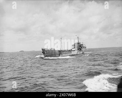 Le 29 octobre 1945, l'opération Exode transporte des soldats et marins japonais de Malaisie, des Andamans, des Nicobars et de Sumatra vers l'île de Rempang près de Singapour sous la garde navale britannique. Les sous-verres japonais transportaient les prisonniers dans une communauté autonome jusqu'au rapatriement. Banque D'Images