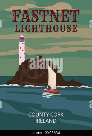 Poster rétro de voyage Fastnet Lighthouse Cape Clear West Cork Irlande Illustration de Vecteur