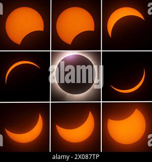 Photographies composites montrant les phases de l'éclipse solaire totale du 8 avril 2024 à Highgate Springs, Vermont. Banque D'Images