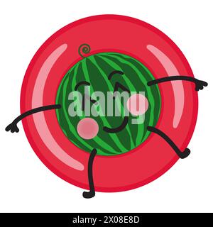 Mignon dessin animé melon d'eau nageant avec anneau en caoutchouc, illustration vectorielle plate. Vacances tropicales d'été, élément de conception de fête de plage. Illustration de Vecteur