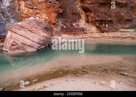 Un grand rocher qui était autrefois attaché à la falaise repose maintenant dans la rivière Virgin dans un endroit protégé paisible près de The Narrows à Zion National Banque D'Images