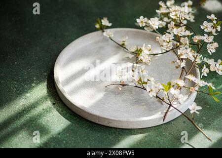 Une composition tranquille avec des fleurs de cerisier reposant sur une plaque ronde en béton avec la lumière du soleil projetant des ombres douces sur un fond vert texturé Banque D'Images