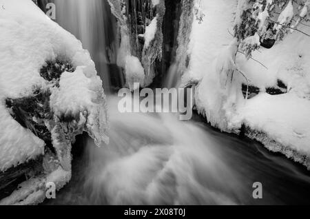 Une image en noir et blanc capture le flux dynamique d'une rivière coupant à travers un paysage de montagne enneigé, avec des glaçons et des arbres givrés s'ajoutant à la Banque D'Images