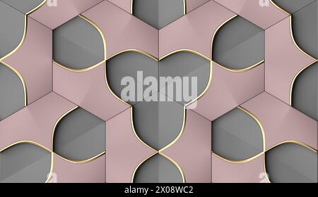 Luxueux papier peint géométrique 3D avec un design rose et gris avec des accents dorés, parfait pour ajouter un look moderne et haut de gamme à n'importe quel espace intérieur Banque D'Images